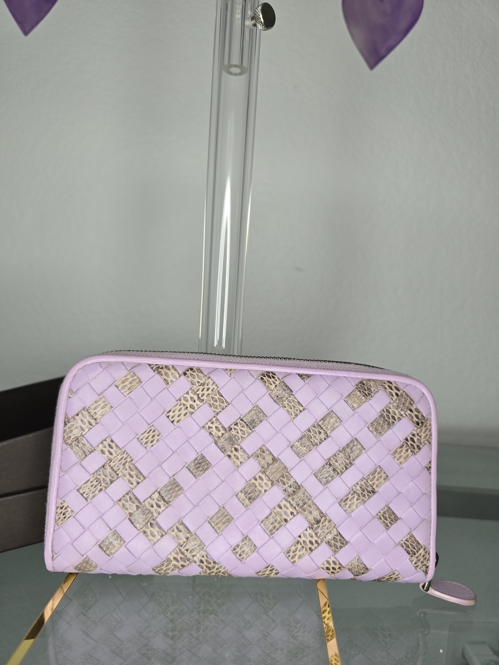 Bottega Veneta Lilac Woven Zip Wallet with Snake-Print Inlay
